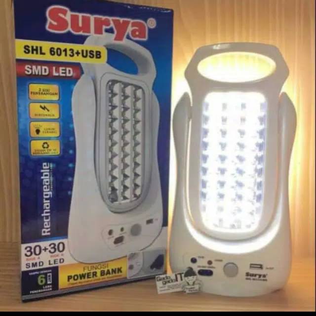 Surya Lampu Emergency SHL 6013 + USB Light LED SMD 30A+30A+ Power Bank Rechargeable 6 Hours