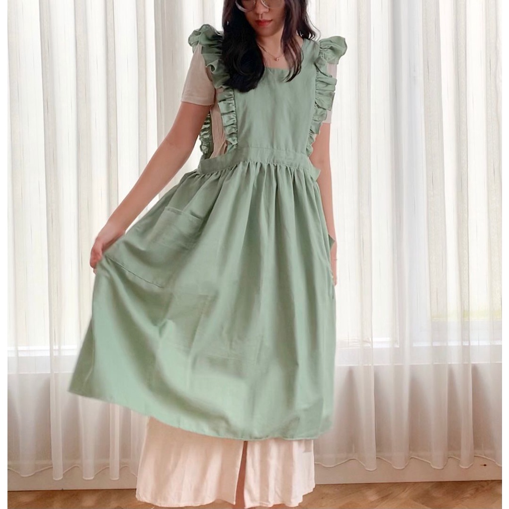 Elle Ruffle Apron / Apron Linen / Celemek Korea Jepang / Pinafore Cottagecore