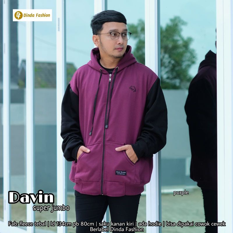 JAKET HOODIE WANITA DAVIN SUPER JUMBO FLEECE TEBAL ORI BY DINDA FASHION LD 134 PB 80 UNISEX LD 134-Purple