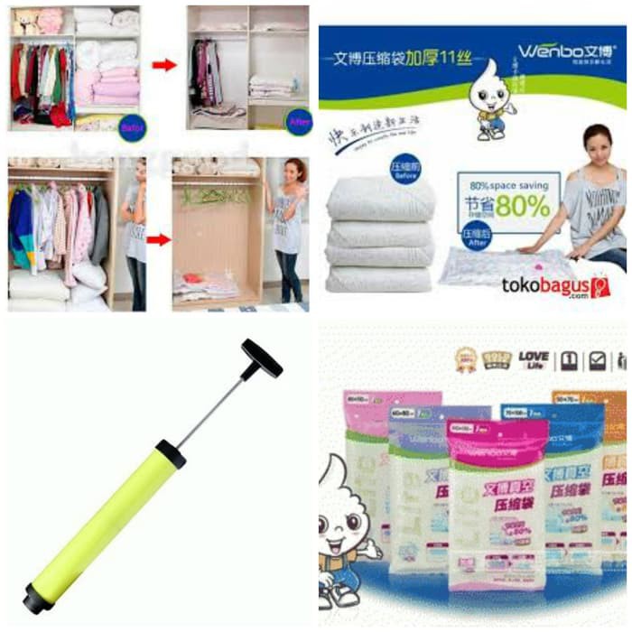 Wenbo Vacum Bag Set isi 8 Pcs FREE Pompa Angin Vakum Bag for Travelling Vakum Pakaian Celana Baju