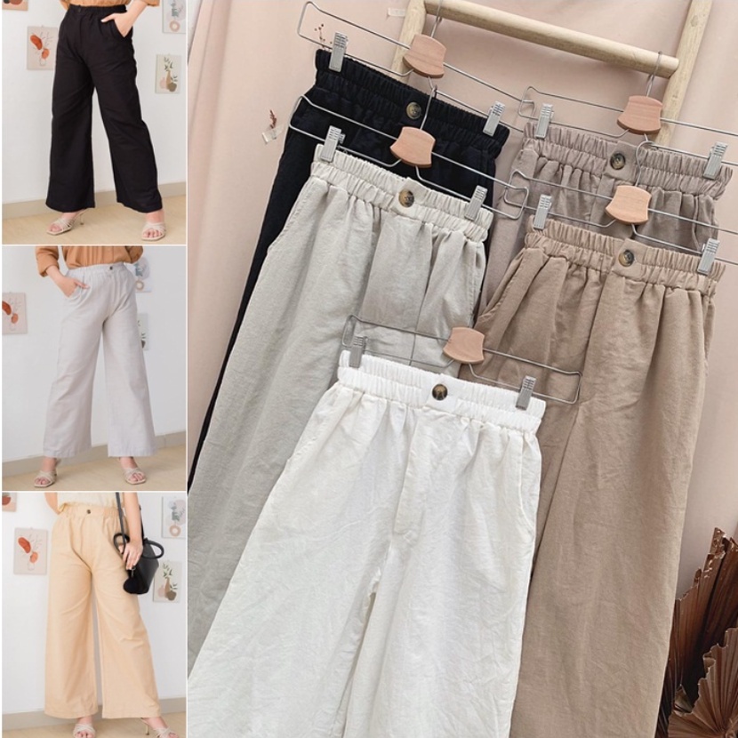 KULOT LINEN HIGHWAIST FULL KARET/LINEN PREMIUM/CELANA PANJANG WANITA