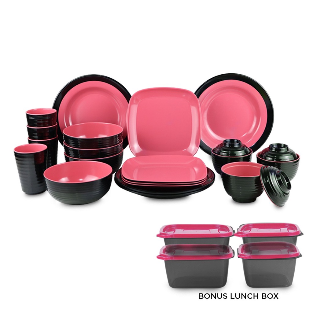 Melamin Set 2 warna 23 Pcs Free Lunch Box / Dinner Set 23 pcs Two Tone Melamine - Gift Set - Dinnerware set - Tableware Set - Golden Dragon