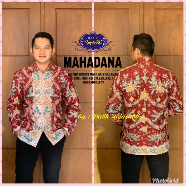 MAHADANA MERAH Kemeja Batik Pria Katun Cabut Full Furing