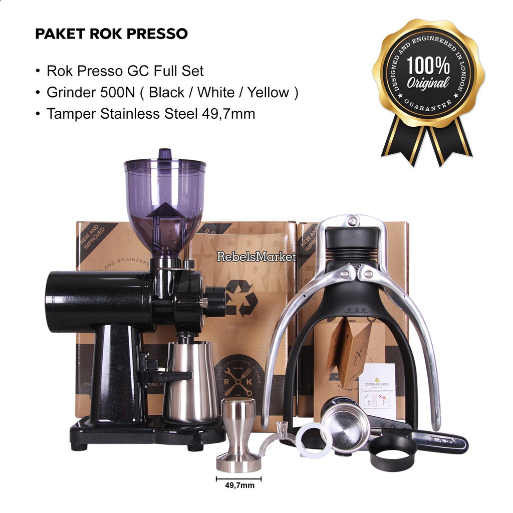 Paket Hemat Rokpresso 2021 + Grinder 500n + Tamper 100% Stainless 49mm (rok Presso + 500n + Tamper)