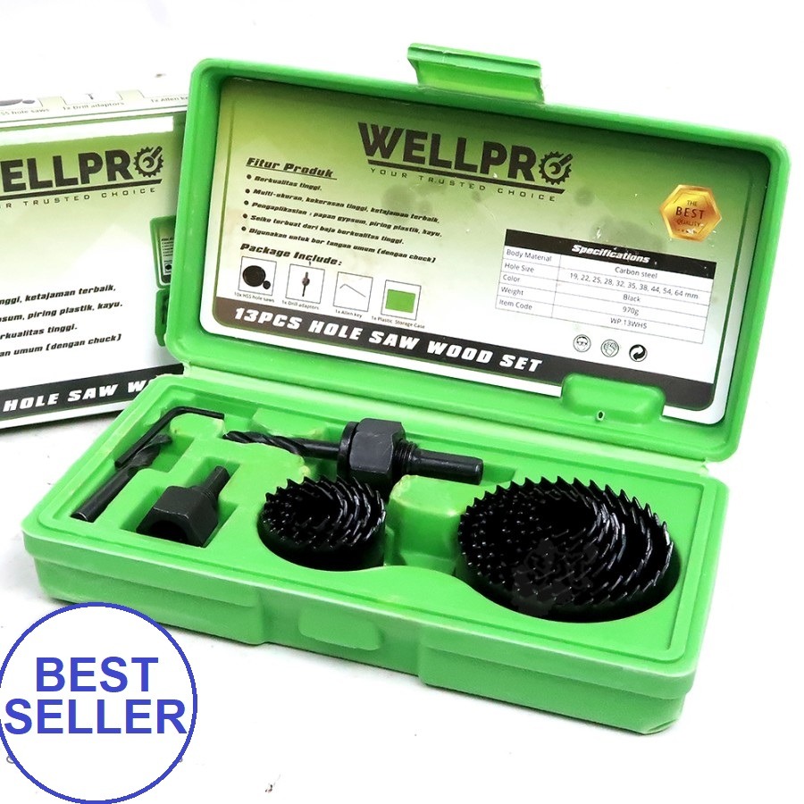 WELLPRO Hole Saw Kit 13 Pcs - Holesaw Set Mata Bor Pelubang Kayu