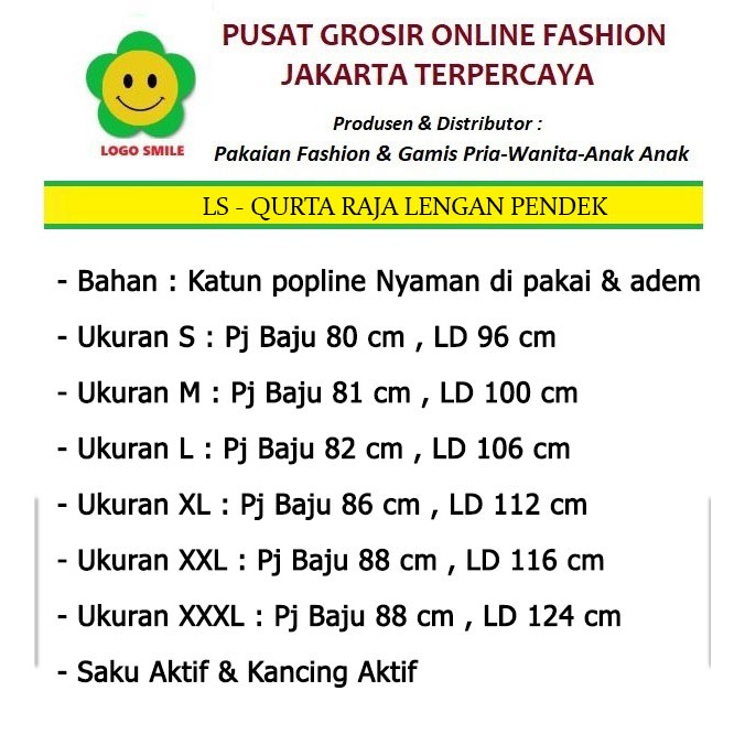 Qurta Raja Lengan Pendek  - Logo Smile (LS) - Ukuran S-3XL - Matt Katun Poplin