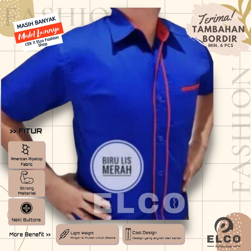 Baju seragam kerja kemeja biru merah list 02 lengan pendek baju pdh seragam kantor kemeja kombinasi 