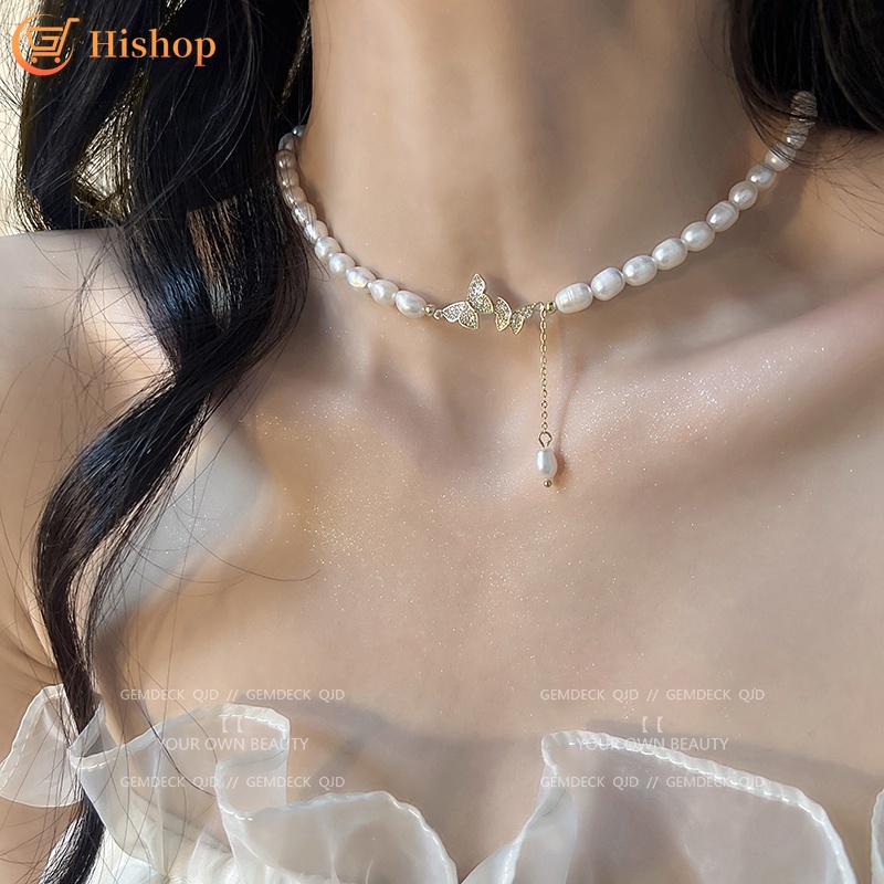 Kalung Choker Rantai Klavikula Desain Kupu-Kupu Aksen Kristal Mutiara Rumbai Warna Emas Untuk Wanita