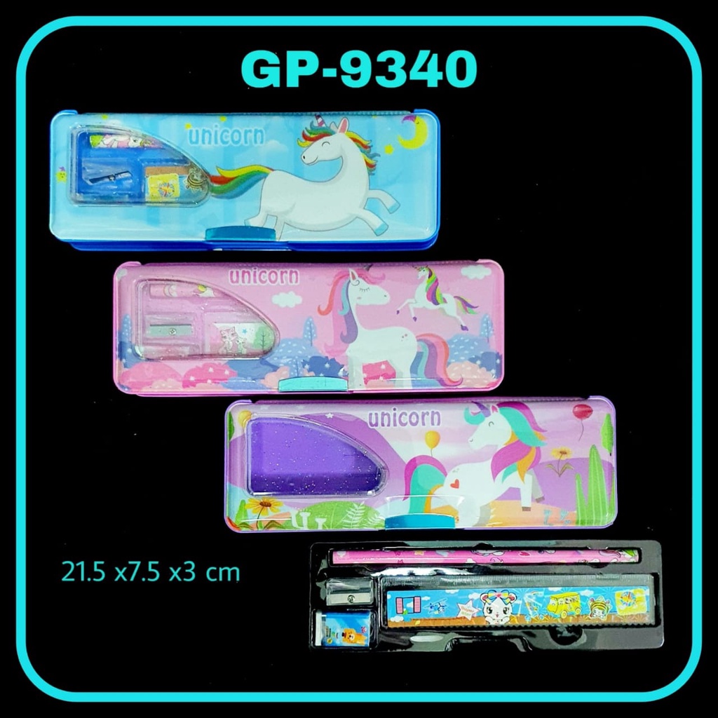 

ROYAL STATIONERY - KOTAK PENSIL MAGNET 2 SISI PLUS ISI DAN RAUTAN PENSIL KARAKTER KARTUN UNICORN