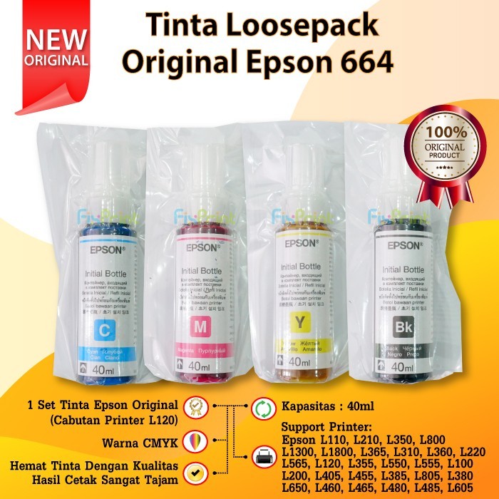 Tinta Printer EPSON L120 ASLI 100% 664 T6641 40ml loosepack 1 satu set FSB184