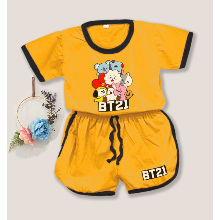SF - Setelan Playset Cupa Cup Baju Anak Karakter / Set Anak Balita Karakter / Setelan Anak Unisex-SET BT21 - MUSTARD