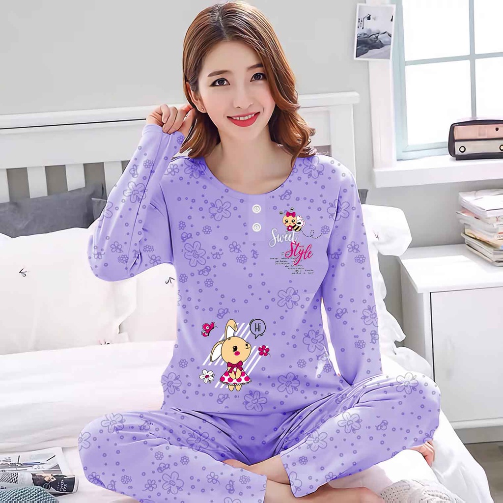 Lilipop.id  Baju Tidur Wanita Sweat Style Celana Panjang PP Allsize Lengan Panjang Baby Doll Bahan Kaos Dewasa