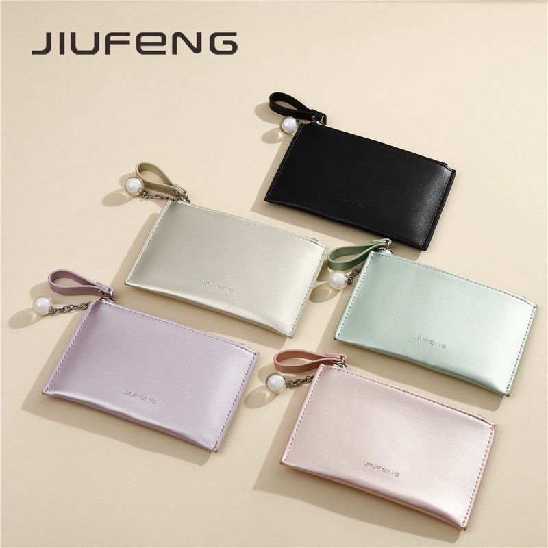 JIUFENG Dompet Kartu Bahan PU Aneka Warna Aksen Ritsleting untuk Wanita