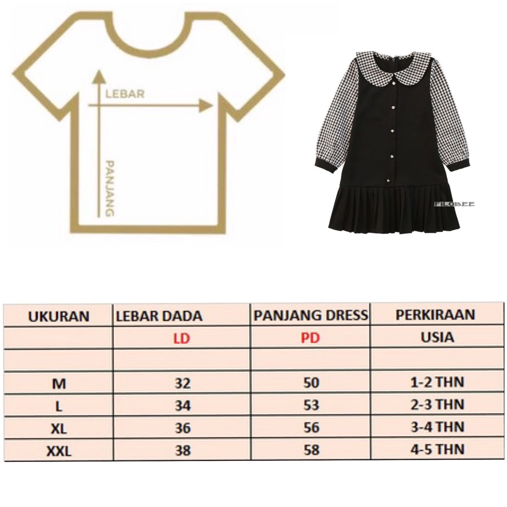 FILOBEE-DRESS ANAK PEREMPUAN/LENGAN PANJANG/KOTAK KOMBINASI KOTAK KERAH (1-5TAHUN)