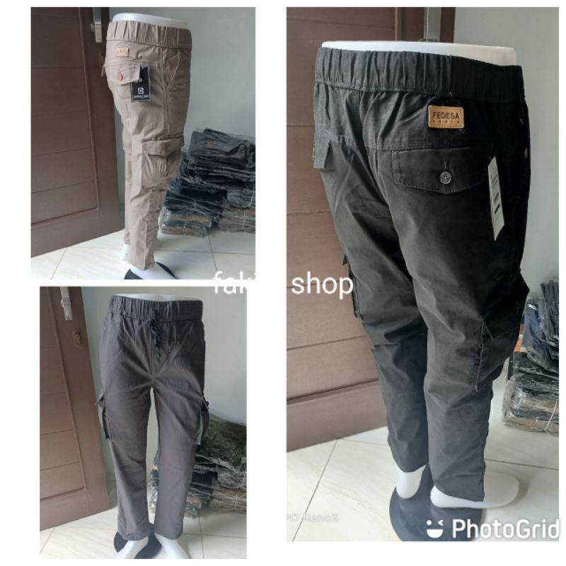 Celana Panjang Cargo Rib Wanita/Cewek Bahan Strecth Pinggang Karet Hitam Cream Abu Abu Original