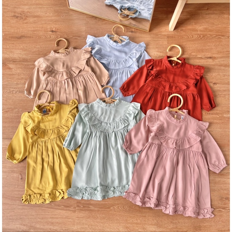 Yobebee Ruffle Korean Dress Anak Perempuan Usia 1 2 3 4 5 Tahun Baju Bayi Korea Gaun Babydoll Daster Kids Basic Polos Warna Pastel Katun Lembut Model Baju Casual Harian Main Santai Anak Cewek