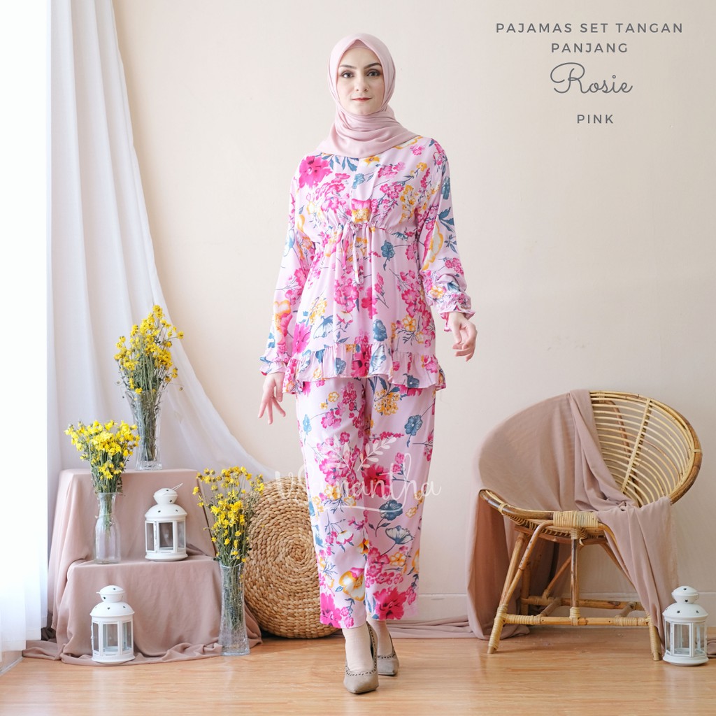 vSamantha - Pajamas Set / Piyama Set Muslim Rayon Rempel Busui Friendly - Tangan Panjang II-Rosie Pink