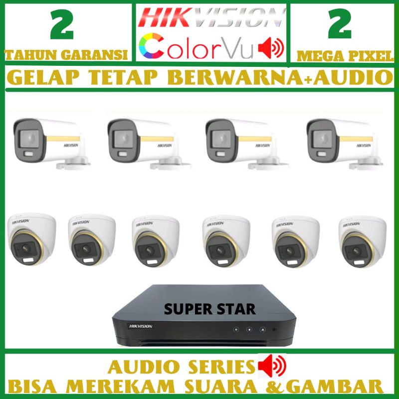 PAKET CCTV HIKVISION COLOR VU 16 CHANNEL 10 KAMERA 2MP AUDIO SIANG MALAM BERWARNA