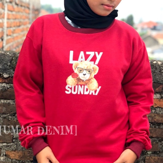 Sweater Crewneck UmarDenim Trendy Motif Lazy Bearr Bahan Fleece Ala Korean Style