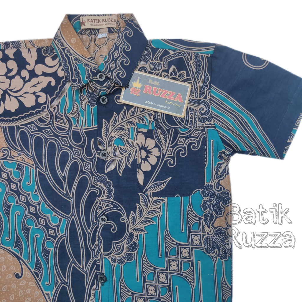 RUZZA Batik Anak Ukuran 0-15 Tahun Kemeja Motif Sekar Tosca Hijau Biru Toska