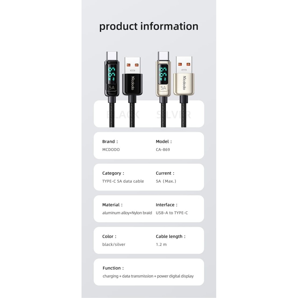 MCDODO CA-869 KABEL CHARGER DIGITAL DISPLAY 5A SUPER TURBO CHARGE