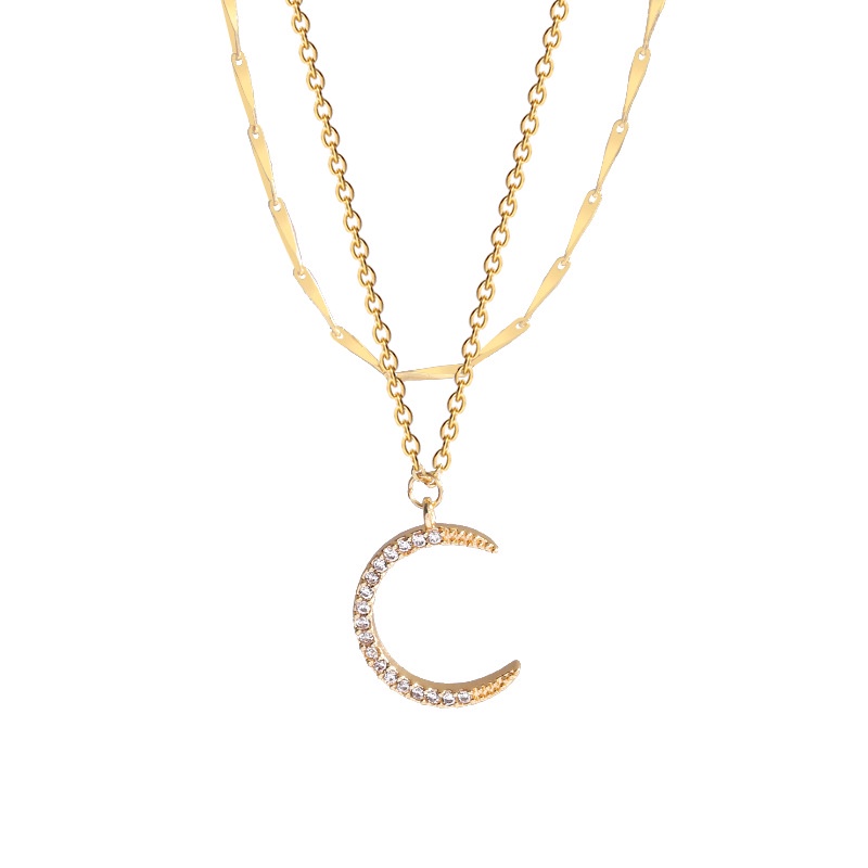 Kalung Choker Liontin Bulan Model Lapis Ganda Bahan Titanium Warna Emas Untuk Wanita