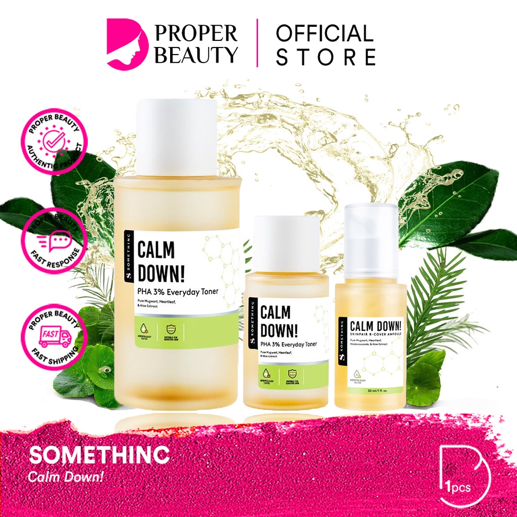 SOMETHINC Calm Down! Indonesia / PHA 3% Everyday Toner Skinpair R-Cover Ampoule Skincare Cleanser Cleansing Essence Serum Ampoule Eye Cream Gel Sunscreen Mask Masker Moisturizer Body Scrub Lotion Oil / Make Up Cushion Powder Lipstick Lip Tint / Paket Set