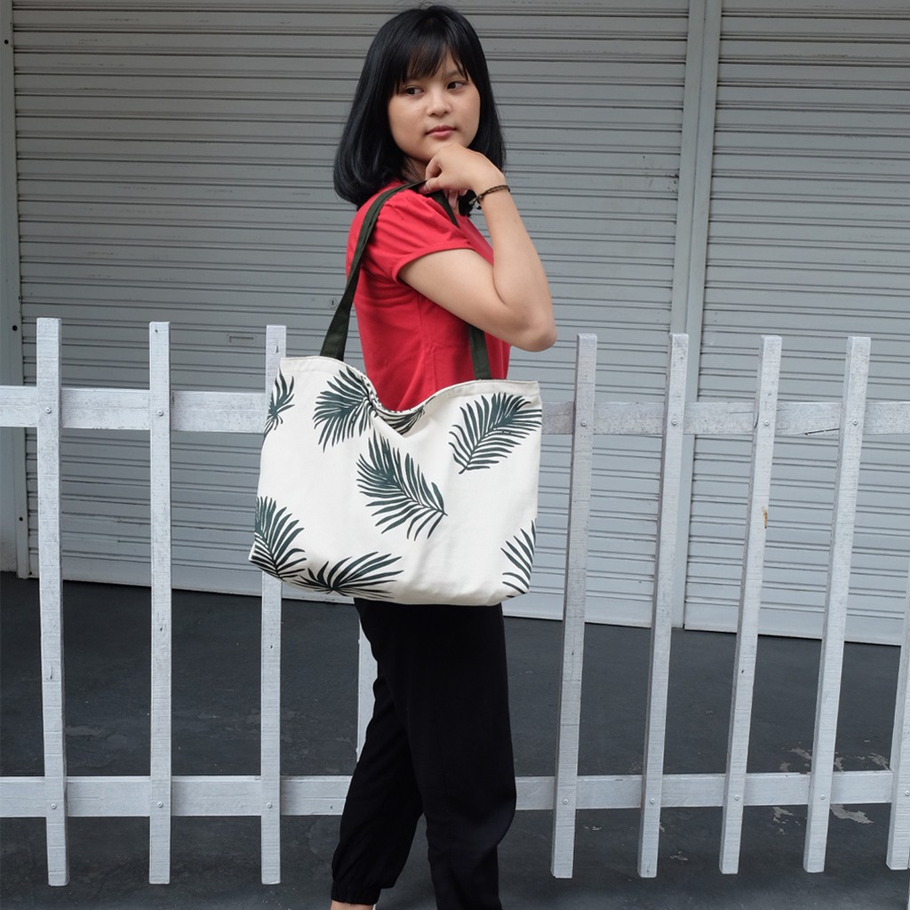 Tas Totebag Wanita Kanvas Resleting Multicolour Aesthetic handle Panjang - Tote bag canvas tebal Motif Daun