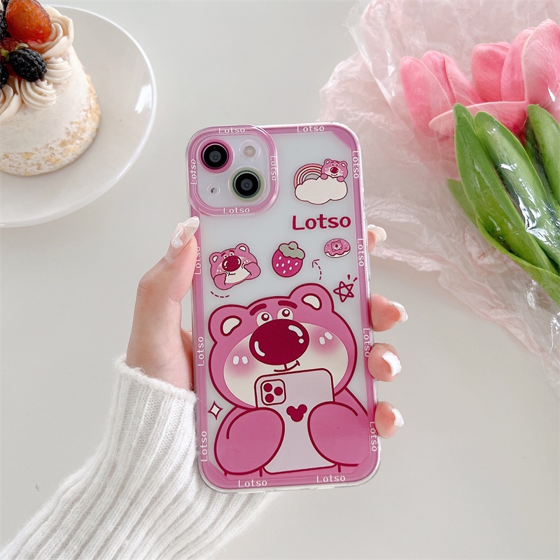 Casing Soft Case Transparan Motif strawberry Bear Anti Jatuh Untuk iPhone 13 / 12 Pro MAX / 11 / X / XR / XS MAX / 7 / 8 Plus