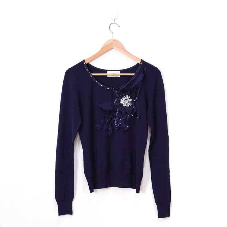 Mattno Italy Top - Sweater / Mantel / Jaket Biru Tua Bunga - BAJU BEKAS BRANDED PRELOVED