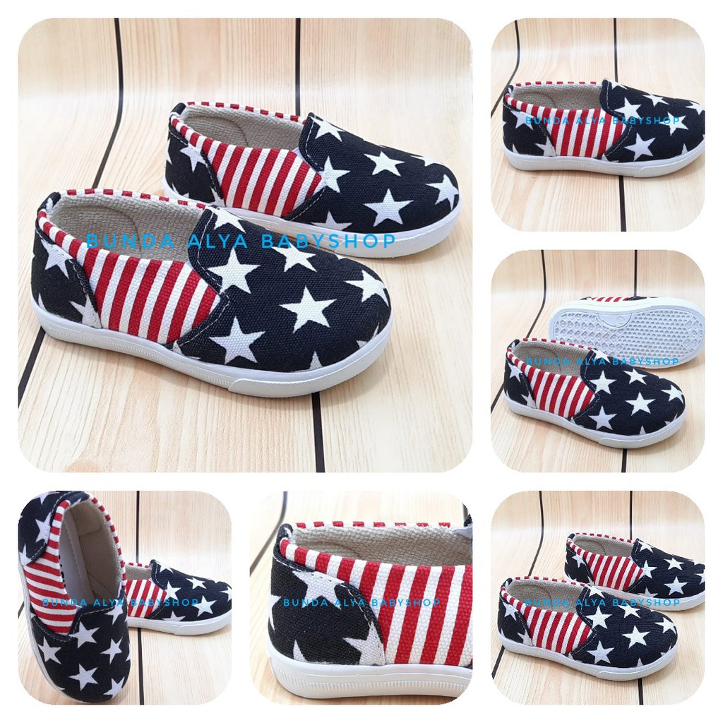 Sepatu Anak Laki Laki 1- 6 Tahun HITAM Bintang - Sepatu Anak Cowok Slip On Stripe Size 22 - 35 Sepatu Anak Unisex Cewek Cowok