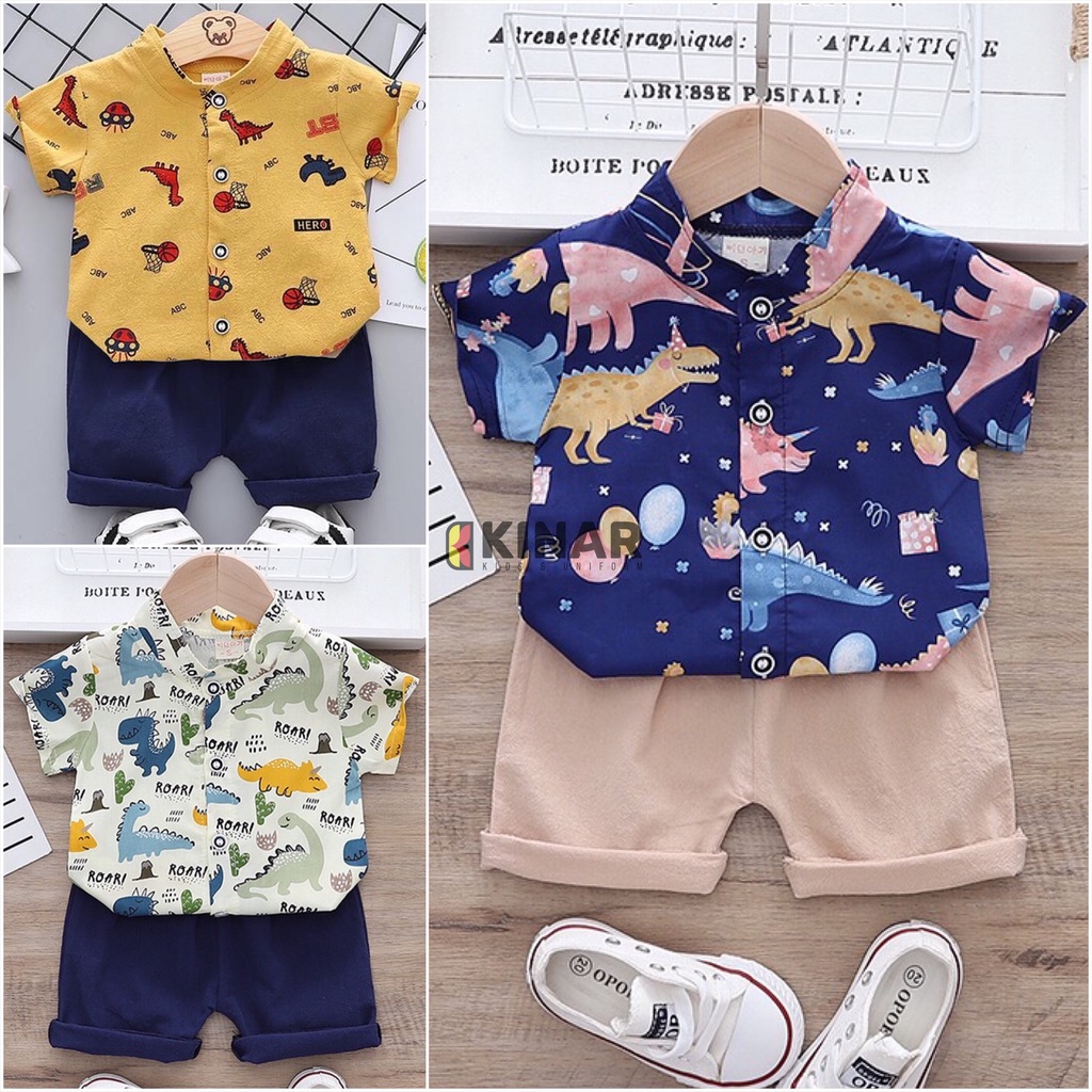 SETELAN KEMEJA  IMPORT  BAJU ANAK  LAKI DINO ROBOT TREX 