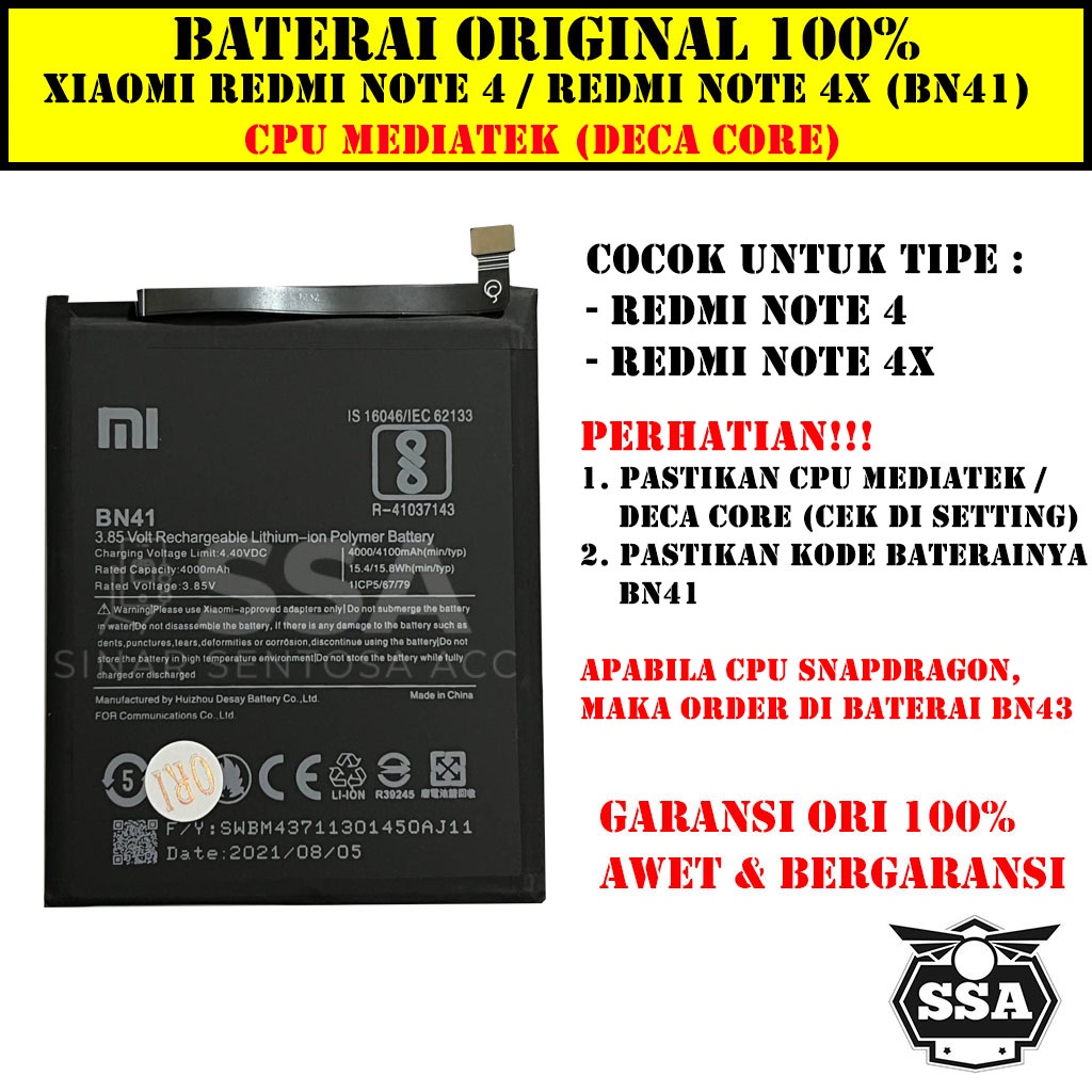 Baterai Original 100% BN41 Xiaomi Redmi Note 4 4x BN41 BN 41 Batre Batrai Xiao Mi Ori HP Garansi AWET MURAH