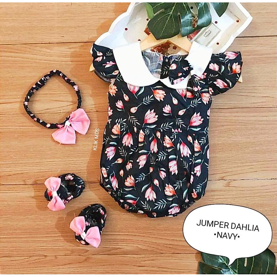 Jumper Bayi Perempuan  0-9 Bulan / Baju Anak Cewek Motif Dahlia Free Sepatu Dan Headband