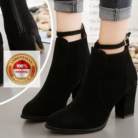 Sepatu Boots Wanita Kekinian - Sepatu Boots Wanita Korea - Sepatu Heels Boots 7 Cm - Sepatu Kulit Si