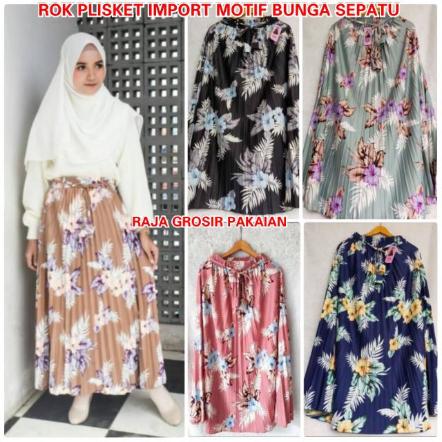 Rok Plisket Import Motif Bunga Sepatu