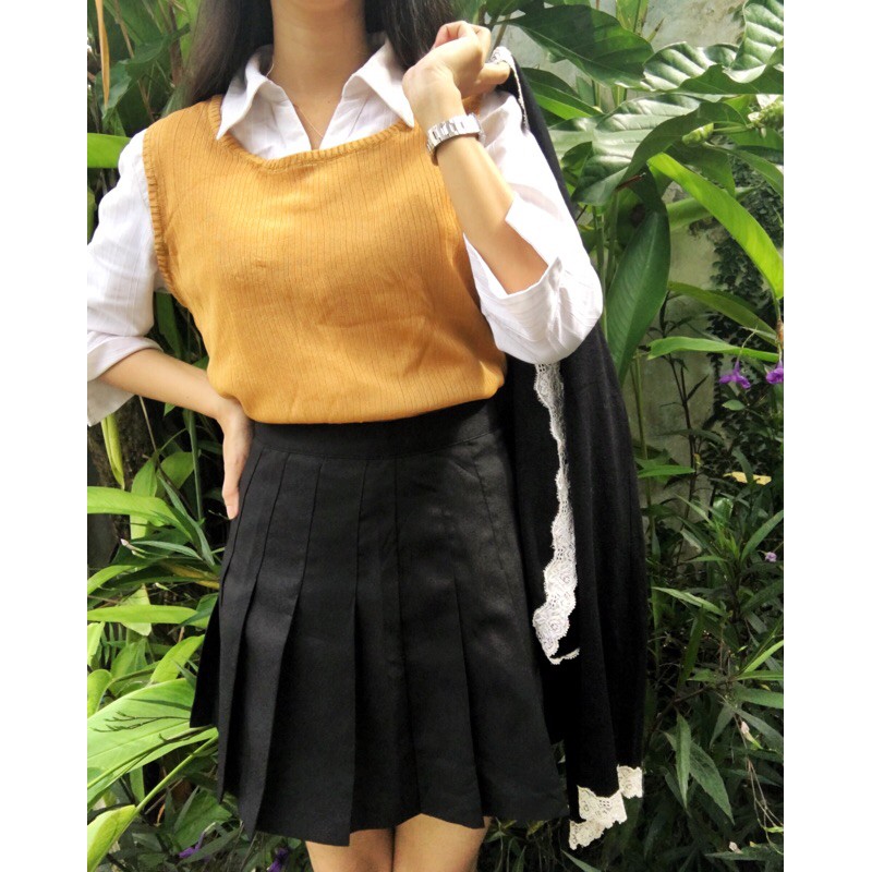 Vest rompi rajut academia mustard korea kuning leher kotak