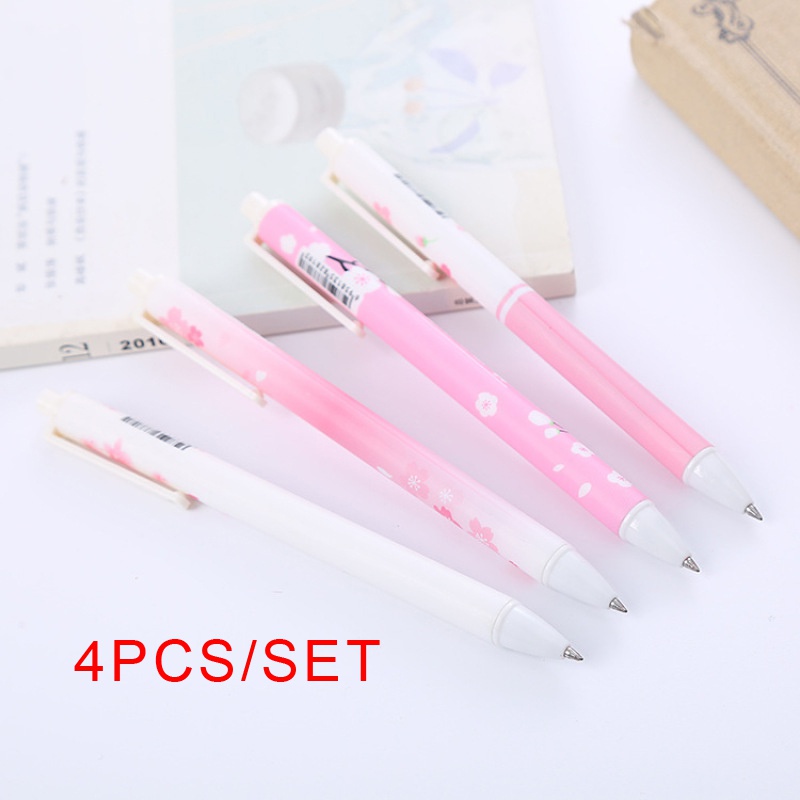 4pcs / Set Pulpen Gel Tinta Hitam Motif Bunga Sakura Pink Untuk Stationery Sekolah / Kantor