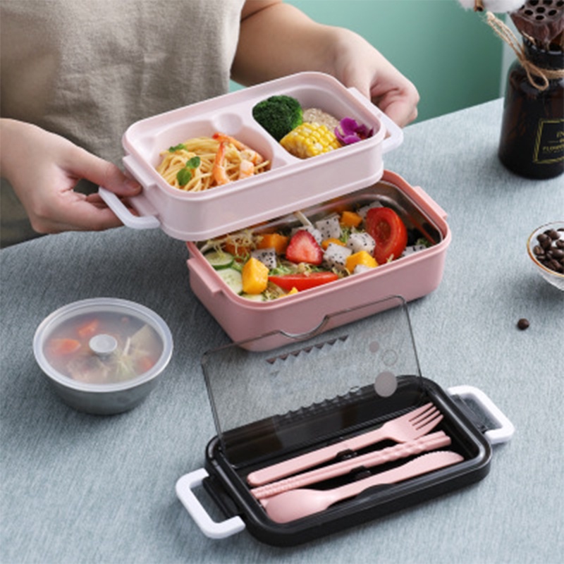 BPA Free!Lunch box stainless 2susun dilengkapi mangkok kuah stainless dan set alat makan/JT008 Kotak bekal stainless 2 susun