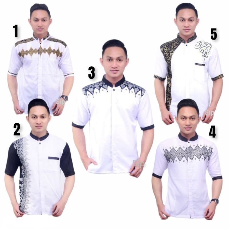 Baju koko lengan pendek batik kombinasi bordir Sip Koko Putih Sopal Warna putih hitam