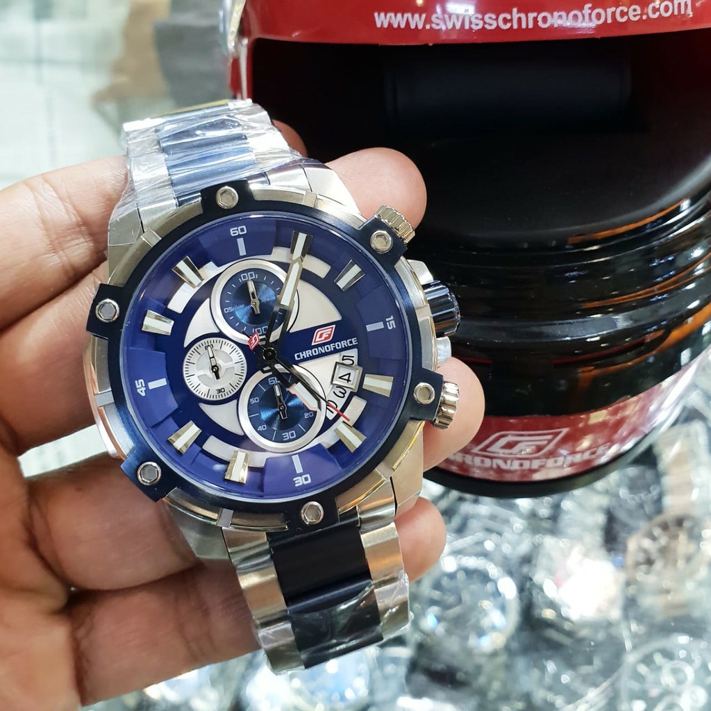 CF 5320 G Chrono force  jam tangan pria original  stainless steel silver biru