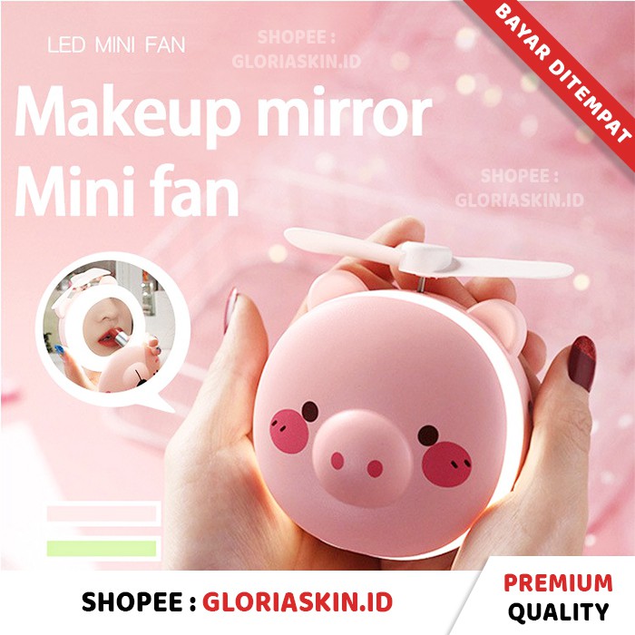 Kaca Cermin Lampu LED Mini Fan LED Mirror + Kipas Angin Mini Portable Rechargeable USB Lucu Termurah