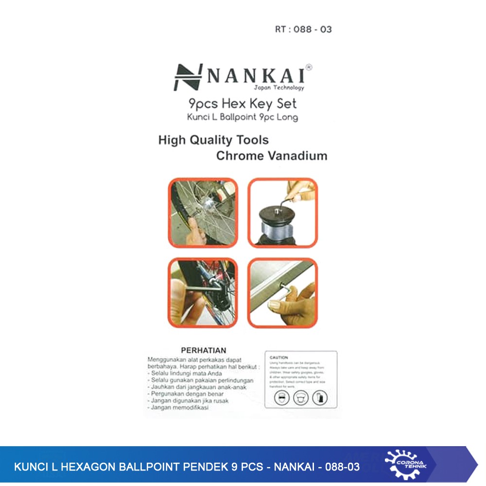 Kunci L Hexagon Ballpoint Pendek 9 Pcs - Nankai - 088-03