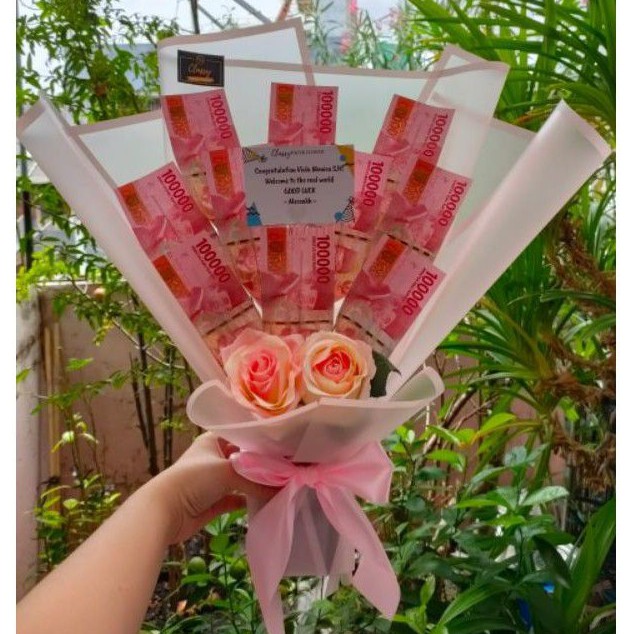 Small Standing Money Bouquet With Artificial Flower / Bucket Buket Bunga Uang Asli / Hadiah Birthday