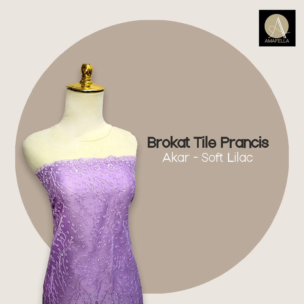 1/2 meter Kain Brokat Tile Prancis Bahan Kebaya Motif Akar Soft Lilac