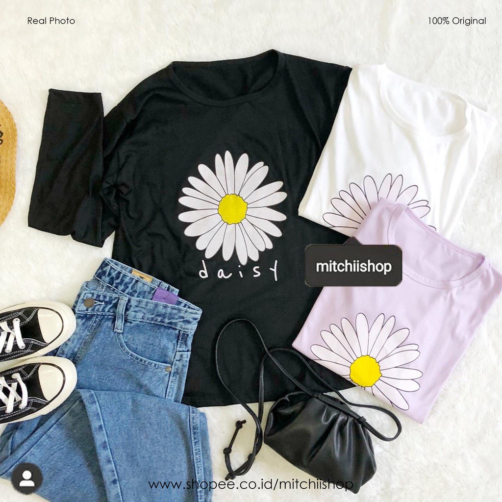 TUMBLR TEE KAOS WANITA NEW DAISY UNGU LILAC HITAM PUTIH LENGAN PANJANG PENDEK ALL SIZE OVERSIZE