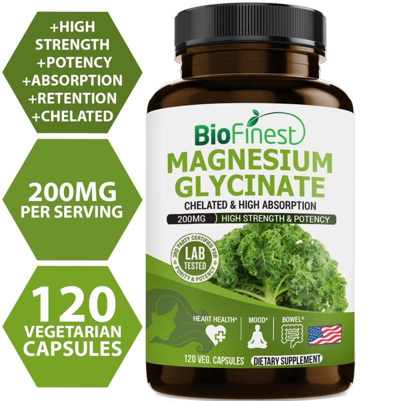 BioFinest Chelated Magnesium Glycinate 200mg/ Magnesium Citrate, 120 Veg Capsules