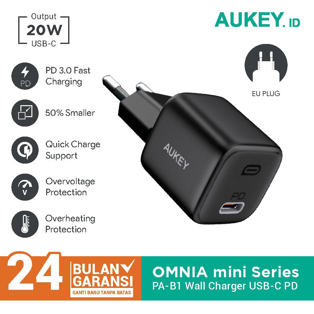Aukey Charger Omni Mini Series 20W USB-C PD 3.0 QC 2.0 Fast Charging 3A 18W PA-B1 Garansi Resmi Original Black White for iPhone 11 12 Pro Max XS XR 8 Power Delivery Quick Charge 18W