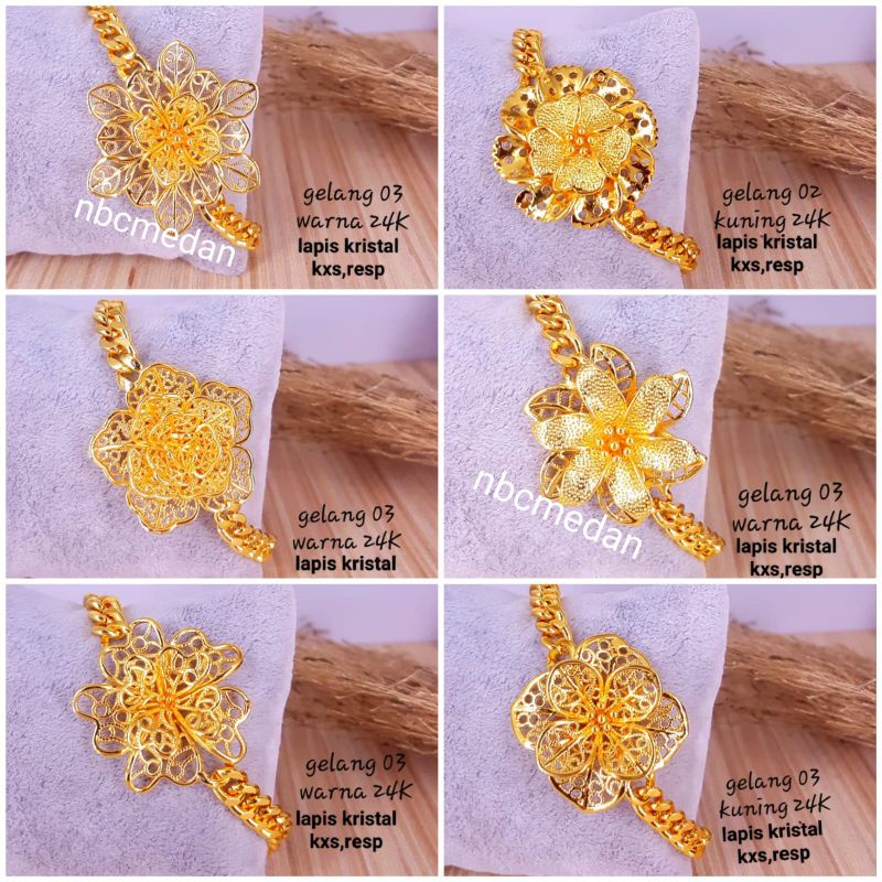 Gelang lapis kristal warna emas 24k, warna lebih awet