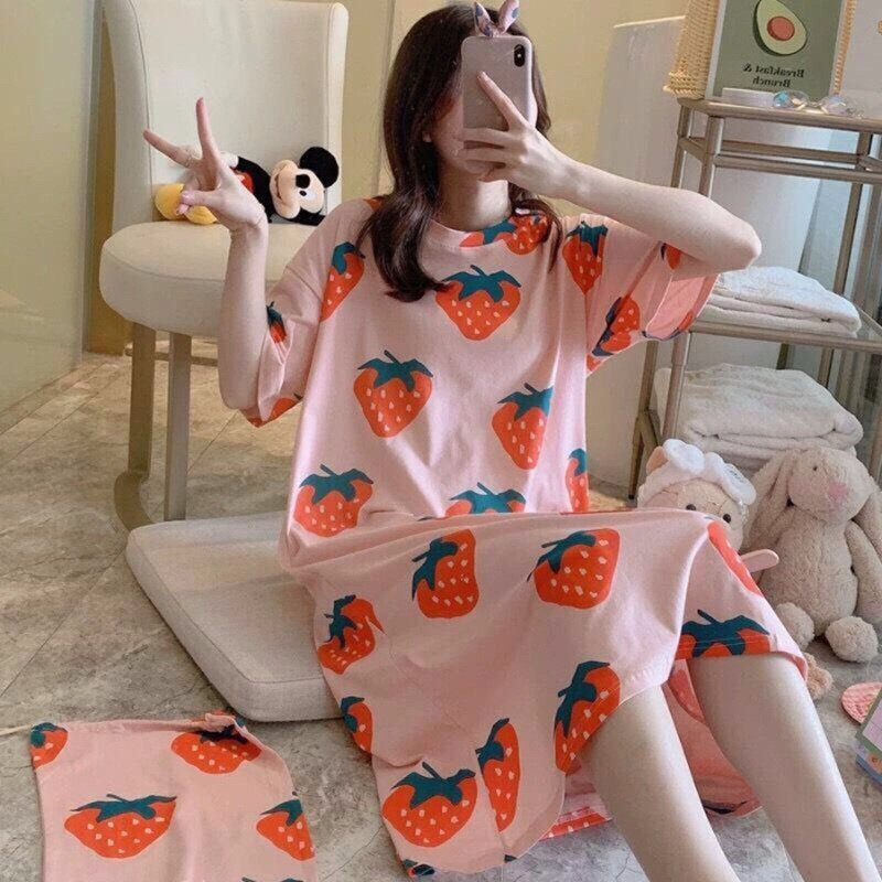 D101 • Daster Import • Daster Lucu • Sleepwear • Pakaian Tidur Wanita-Strawberry